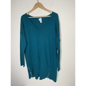 Chicos Womens Size 3 XL Pullover Sweater Green V-Neck Long Sleeve Zip Ribbed Hem
